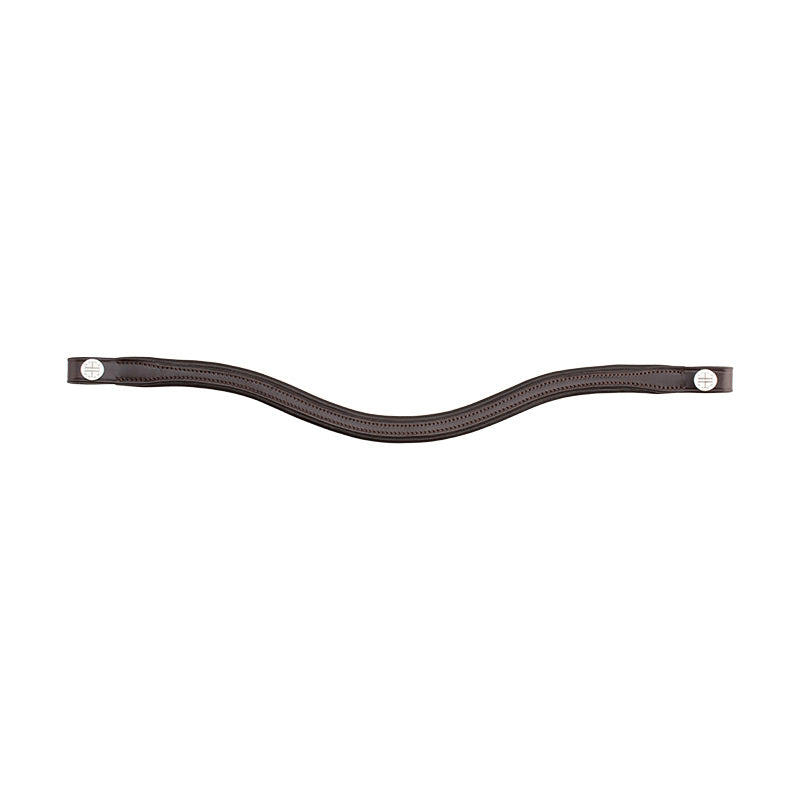 A brown, plain leather padded wave shape brow band for horses.